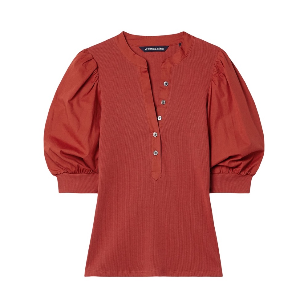 $198 New VERONICA BEARD Coralee Button-Front Puffed Sleeve Top Sz XS Brick Red